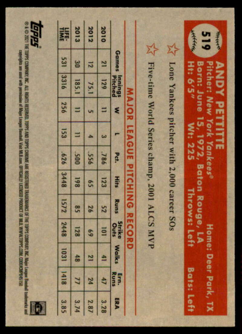 Andy Pettitte 2021 Topps Chrome Platinum Anniversary Aqua Wave Refractors #519  Image 2