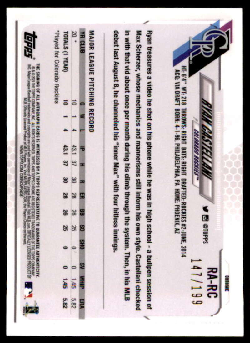 Ryan Castellani Card 2021 Topps Chrome Rookie Autographs Aqua Refractors #RARC  Image 2