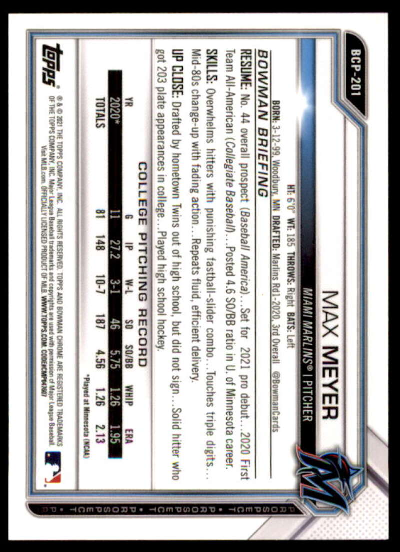 Max Meyer Card 2021 Bowman Chrome Prospects Gold Shimmer Refractors #BCP201  Image 2