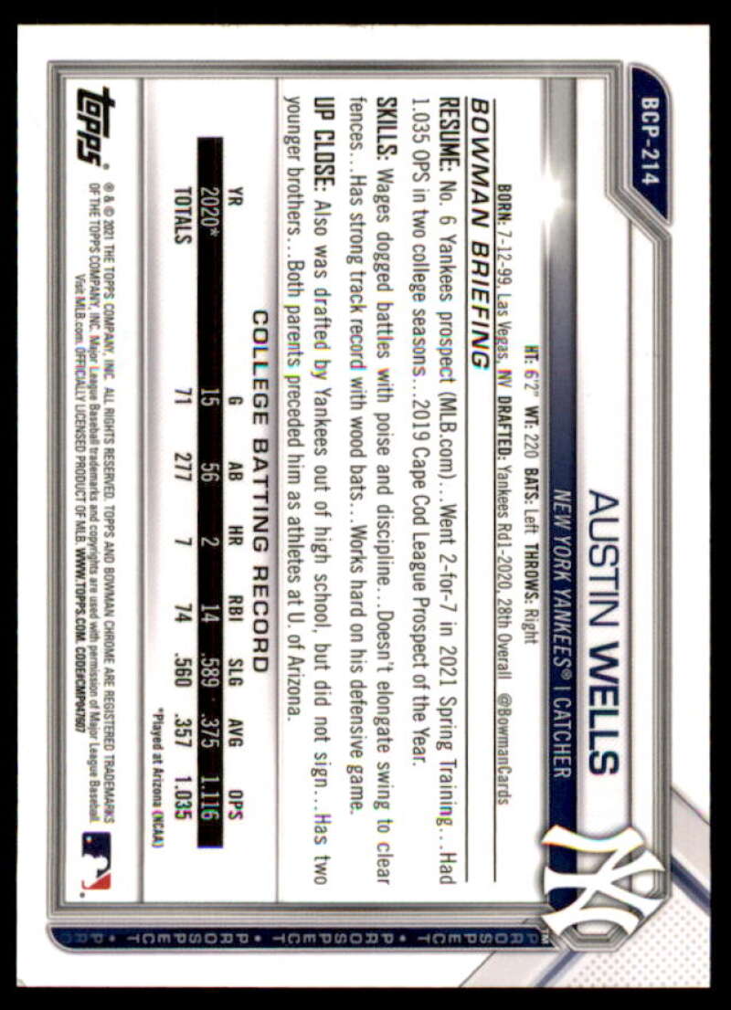 Austin Wells Card 2021 Bowman Chrome Prospects Speckle Refractors #BCP214  Image 2