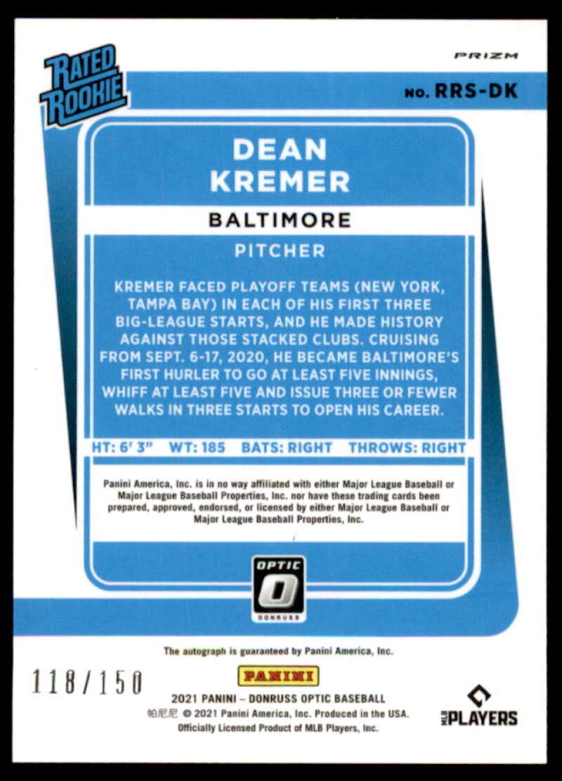 Dean Kremer Rookie Card 2021 Donruss Optic Rated Rookies Signatures Purple #65  Image 2