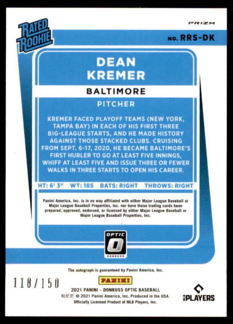 Dean Kremer Rookie Card 2021 Donruss Optic Rated Rookies Signatures Purple #65  Image 2