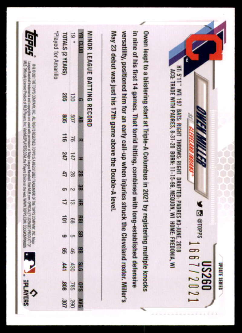 Owen Miller Rookie Card 2021 Topps Update Gold #US260  Image 2