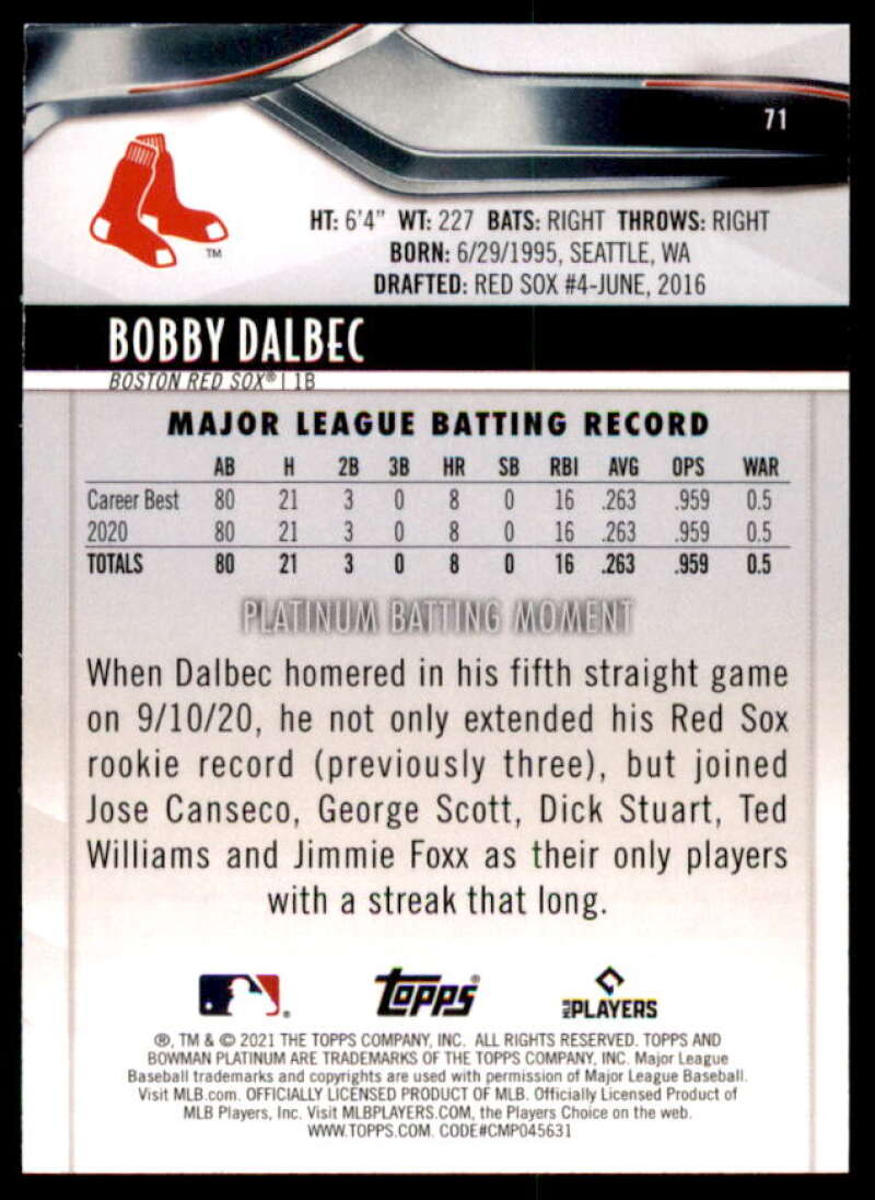 Bobby Dalbec Rookie Card 2021 Bowman Platinum Blue #71  Image 2