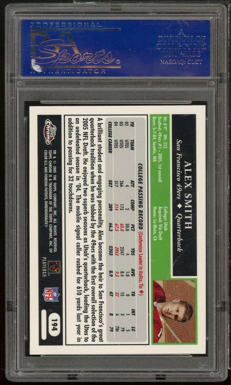 Alex Smith Rookie Card 2005 Topps Chrome #194 PSA 10 Image 2