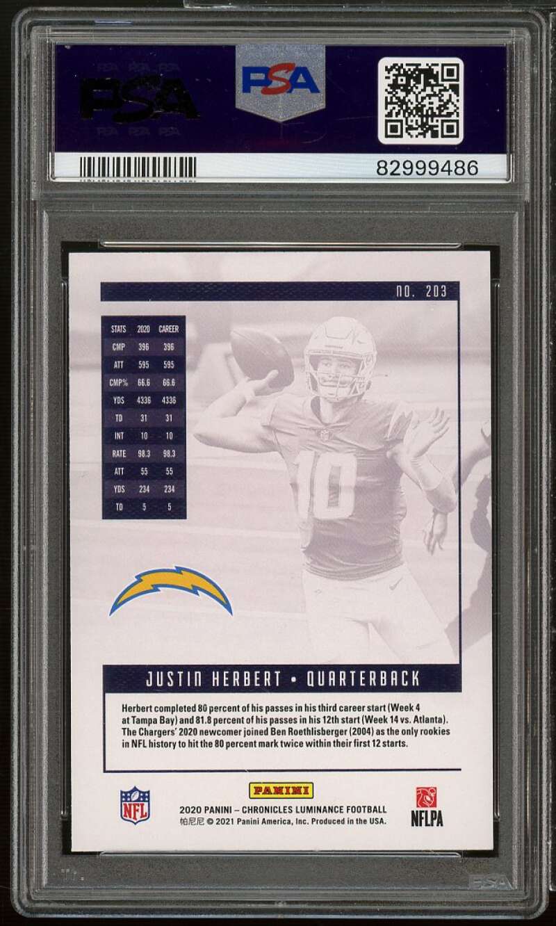 Justin Herbert Rookie Card 2021 Panini Chronicles Luminance #203 PSA 9 Image 2