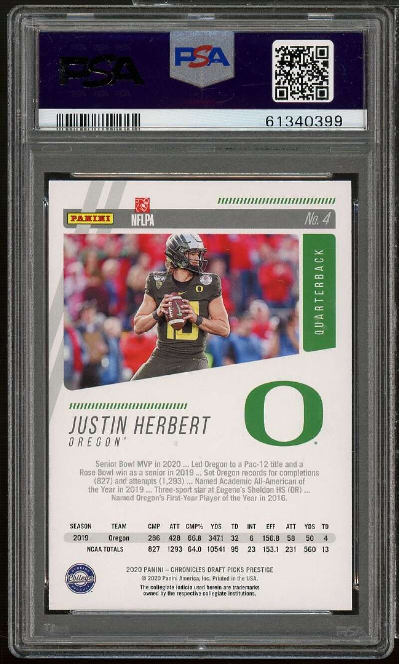 Justin Herbert Rookie Card 2020 Panini Chronicles DP Prestige #4 PSA 9 Image 2