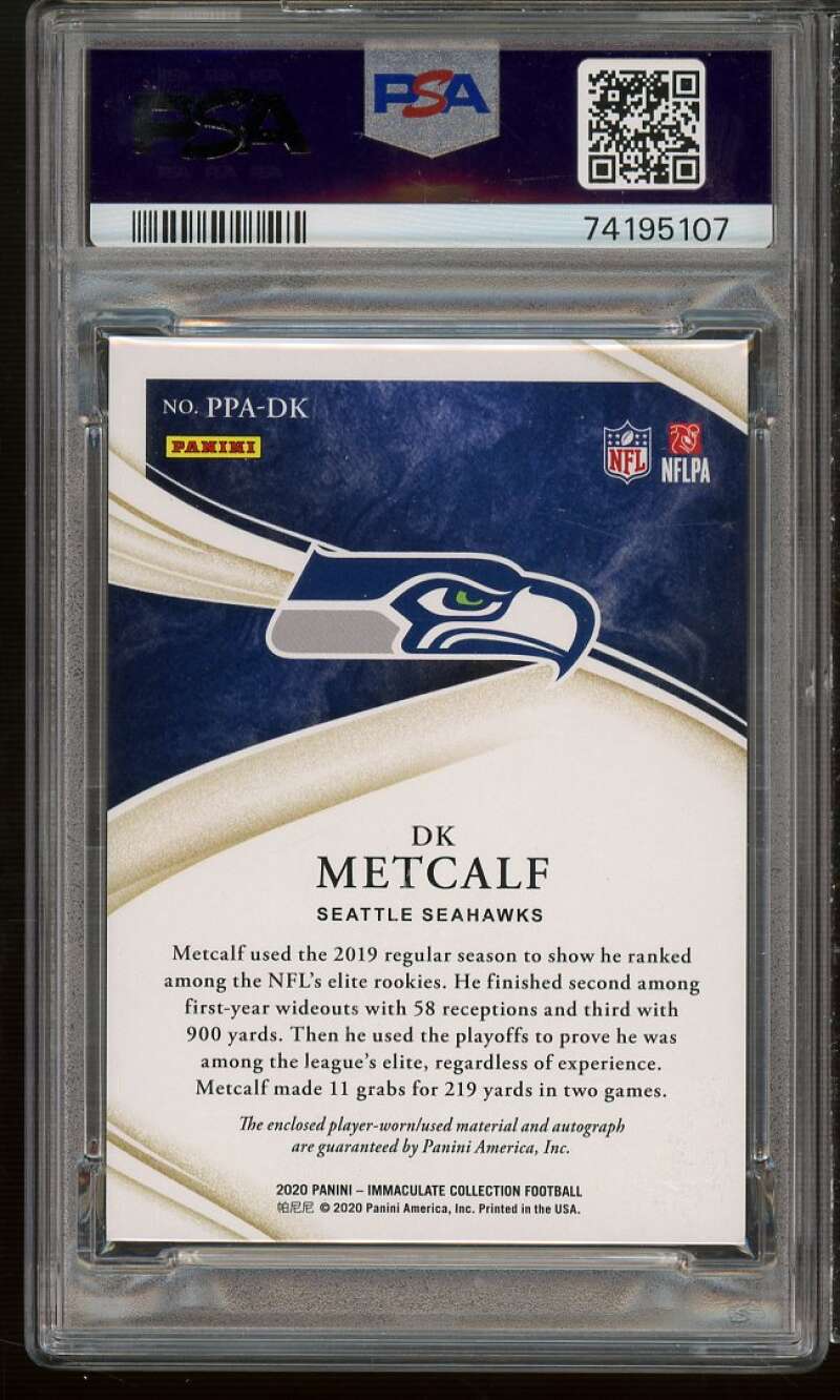 DK Metcalf Rookie 2020 Panini Immaculate Coll Premium Patch Auto #PPADK PSA 10 Image 2