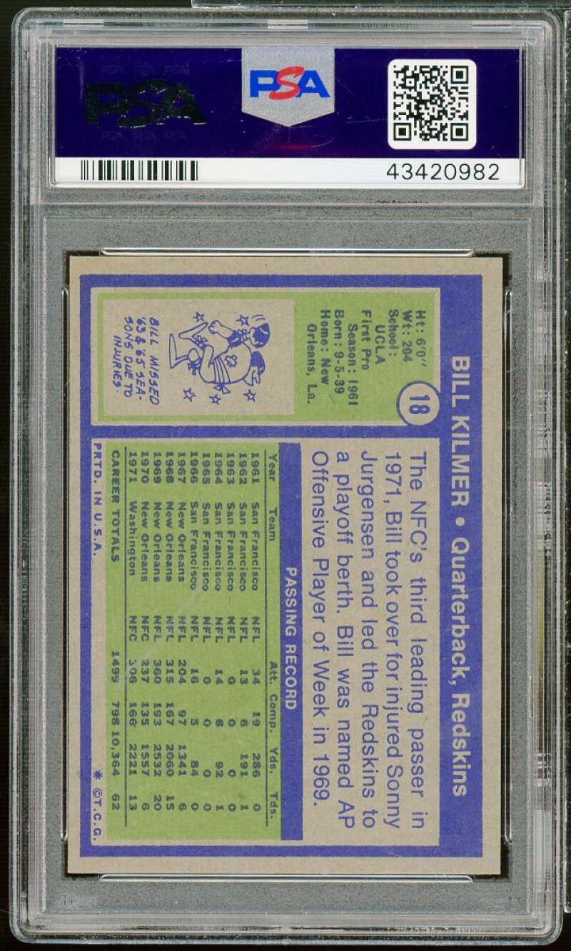 Bill Kilmer Card 1972 Topps #18 PSA 6.5 Image 2