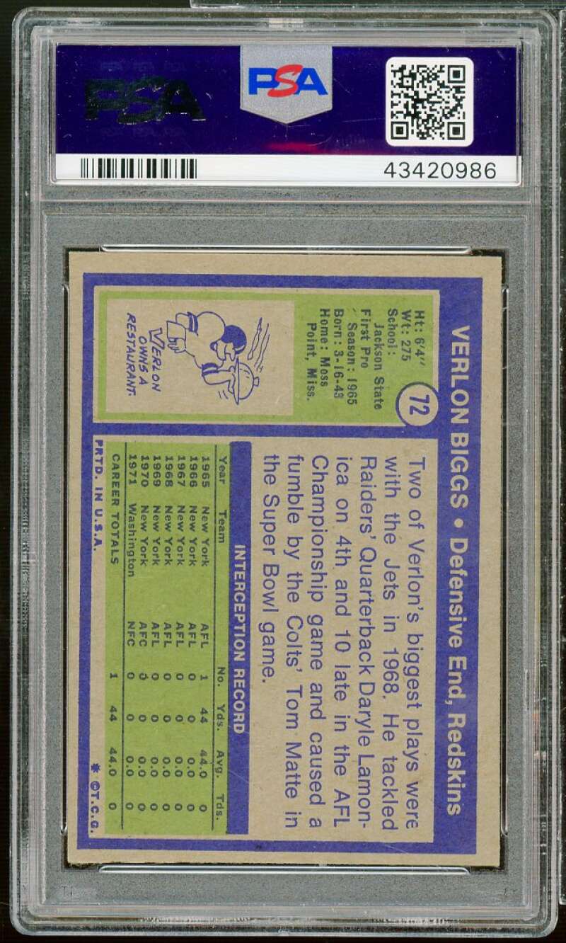 Vernon Biggs Card 1972 Topps #72 PSA 7 Image 2