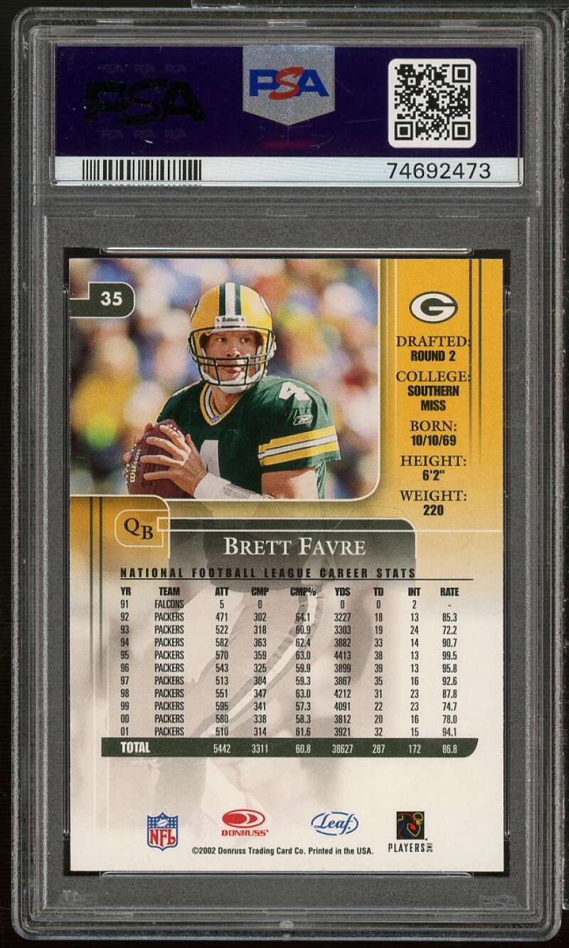 Brett Favre Card 2002 Leaf Rookies Stars #35 PSA 10 Image 2