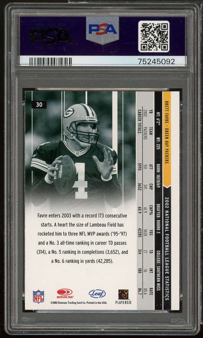 Brett Favre Card 2003 Leaf Rookies Stars #30 PSA 10 Image 2