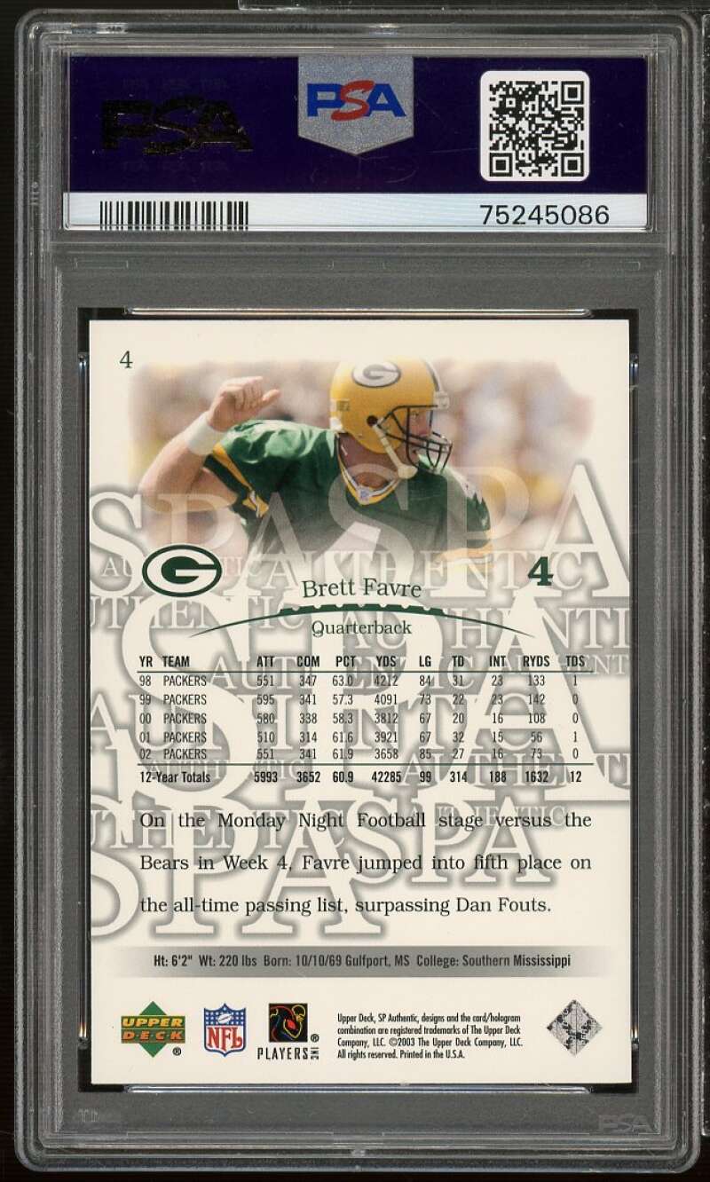 Brett Favre Card 2003 SP Authentic #4 PSA 10 Image 2