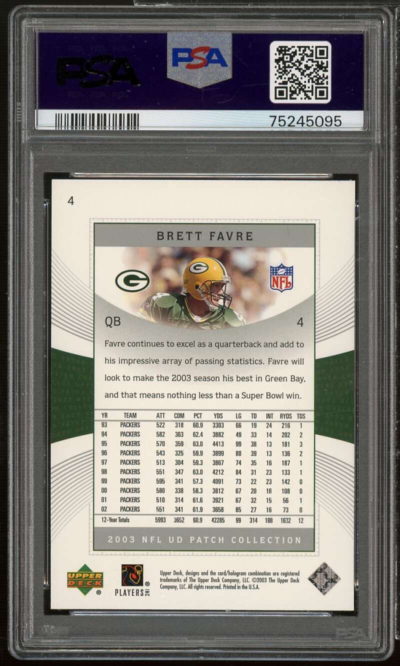 Brett Favre Card 2003 Upper Deck Patch Collection #4 PSA 10 Image 2