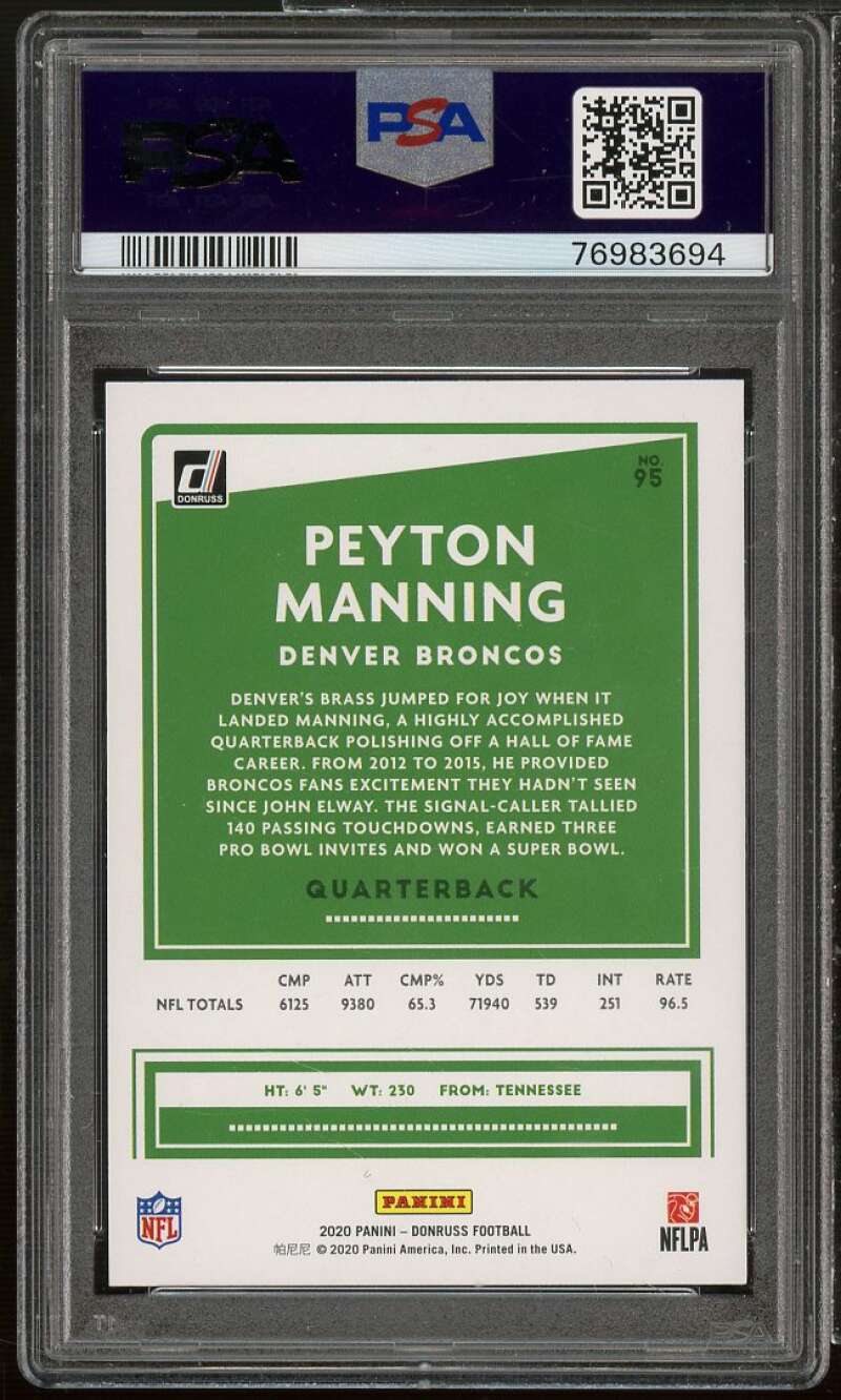 Peyton Manning Card 2020 Panini Donruss #95 PSA 10 Image 2