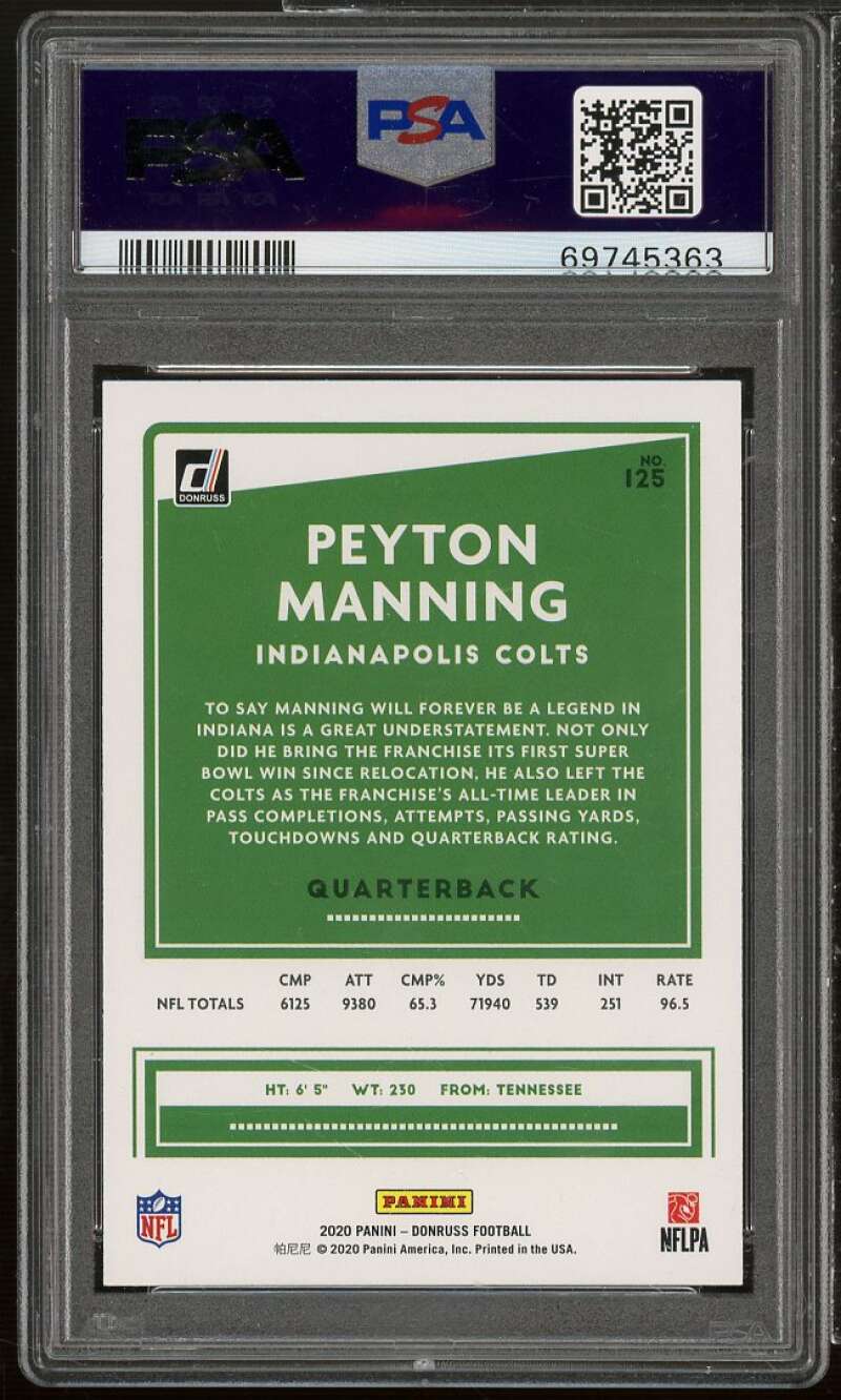 Peyton Manning Card 2020 Panini Donruss #125 PSA 10 Image 2