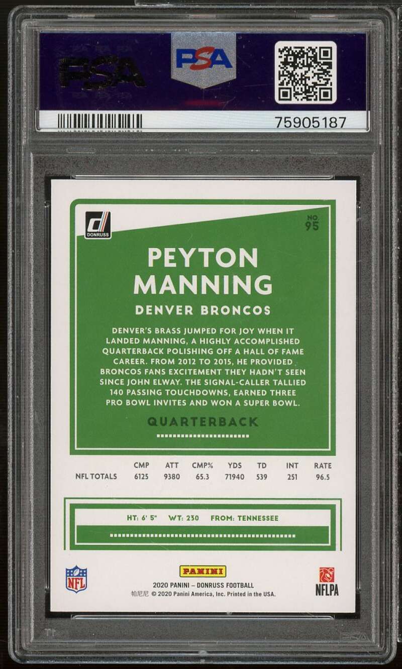 Peyton Manning Card 2020 Panini Donruss #95 PSA 10 Image 2