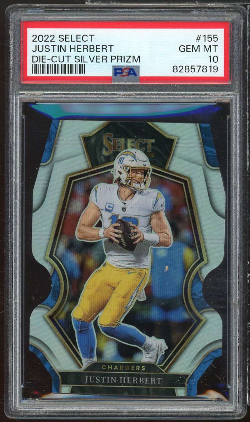 Justin Herbert Card 2022 Select Die Cut Silver Prizm (pop 6) #155 PSA 10 Image 1