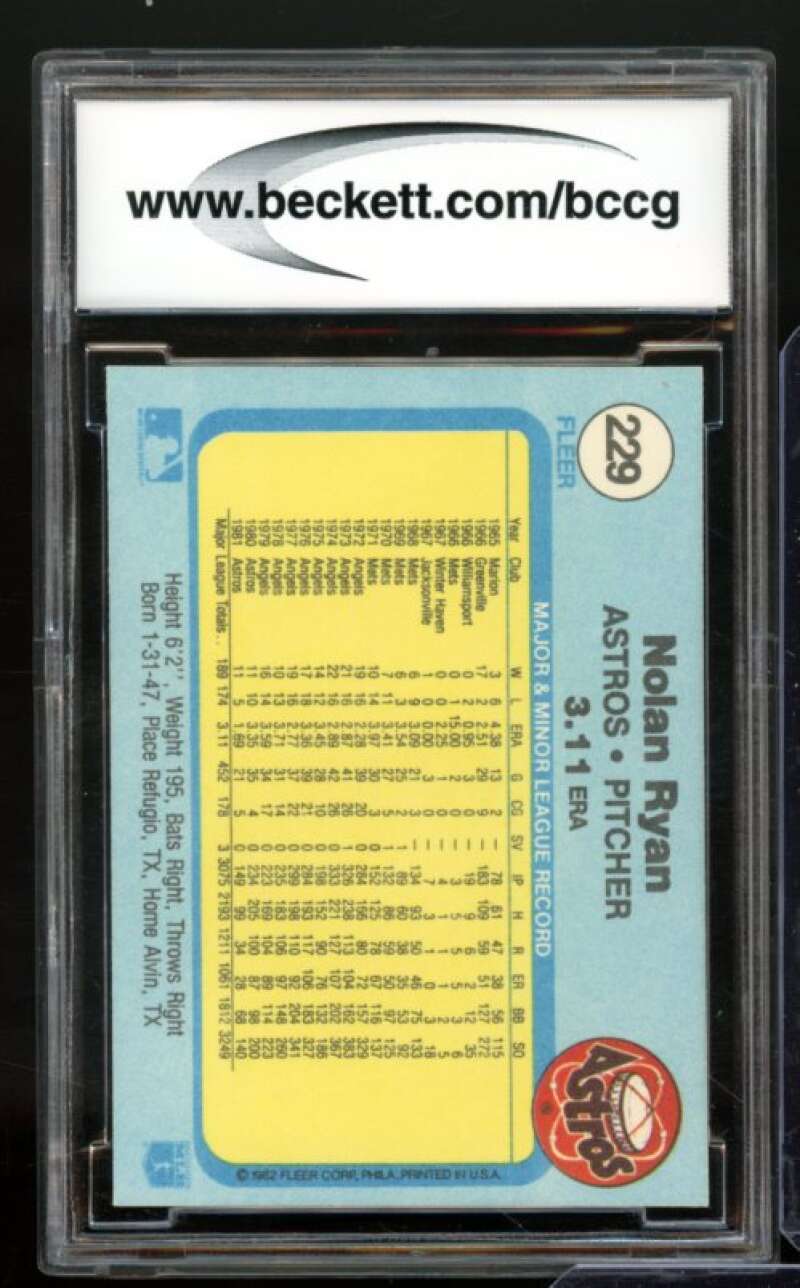 1982 Fleer #229 Nolan Ryan Card BGS BCCG 10 Mint+ Image 2