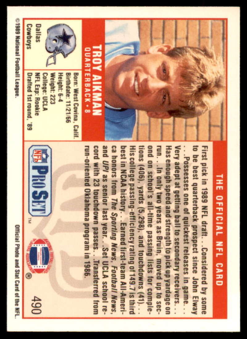 Troy Aikman Rookie Card 1989 Pro Set #490  Image 2