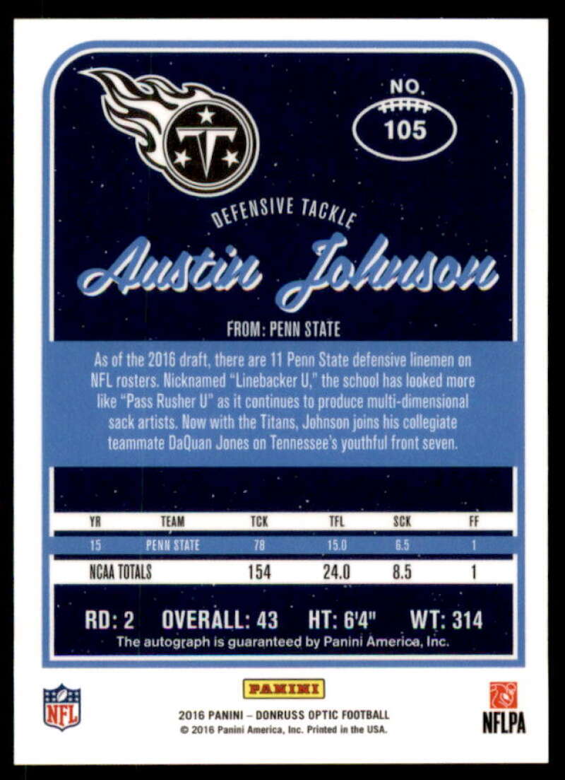 Austin Johnson Card 2016 Donruss Optic Rookie Signatures Bronze #105  Image 2