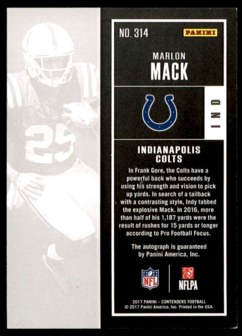 Marlon Mack AU Rookie Card 2017 Panini Contenders #314  Image 2