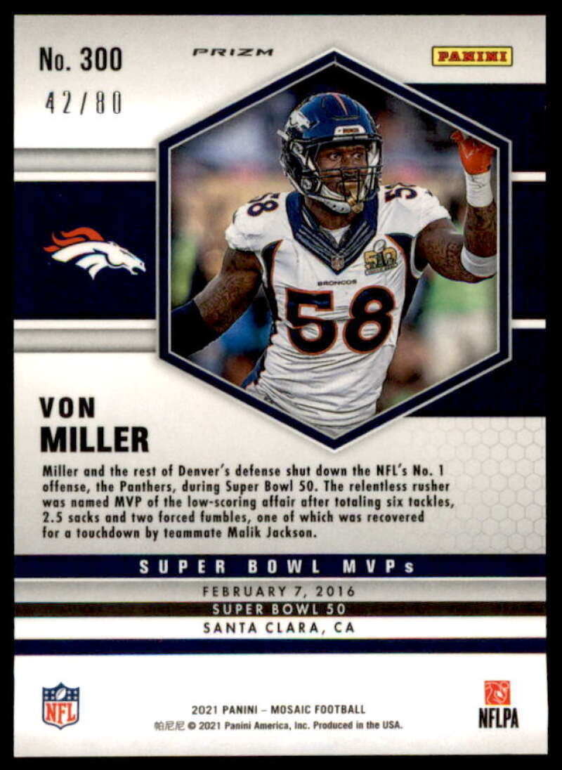 Von Miller MVP Card 2021 Panini Mosaic Mosaic Choice Fusion Red and Yellow #300  Image 2