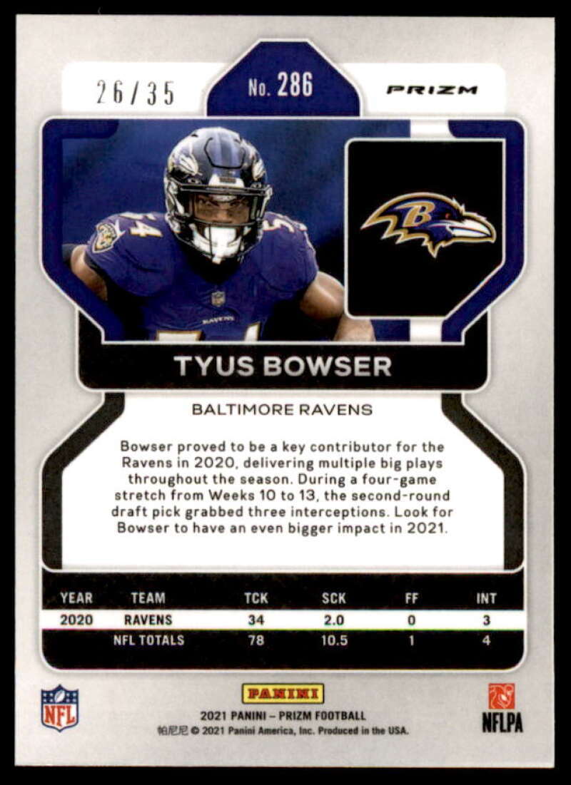 Tyus Bowser Card 2021 Panini Prizm Prizms No Huddle Purple #286  Image 2