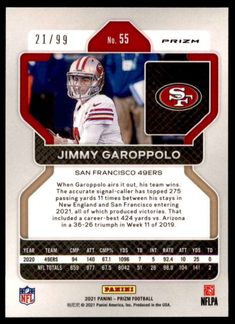 Jimmy Garoppolo Card 2021 Panini Prizm Prizms Blue Ice #55  Image 2