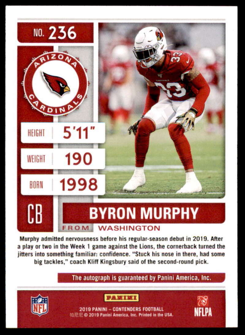 Byron Murphy AU Rookie Card 2019 Panini Contenders Championship Ticket #236A  Image 2