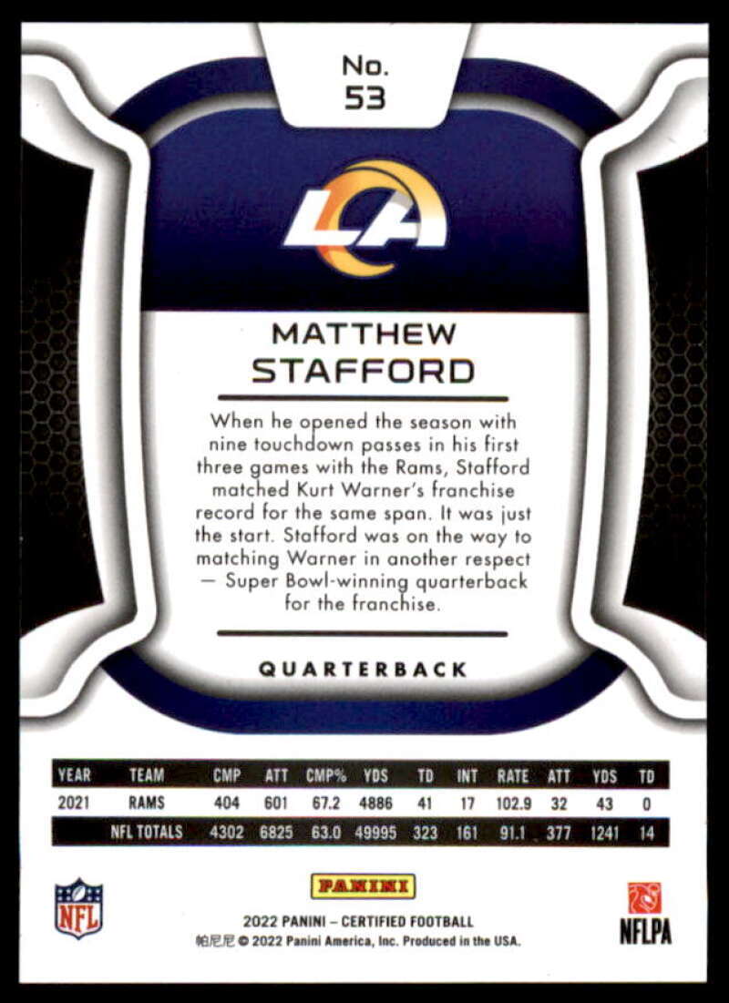 Matthew Stafford Card 2022 Certified Mirror Red #53  Image 2