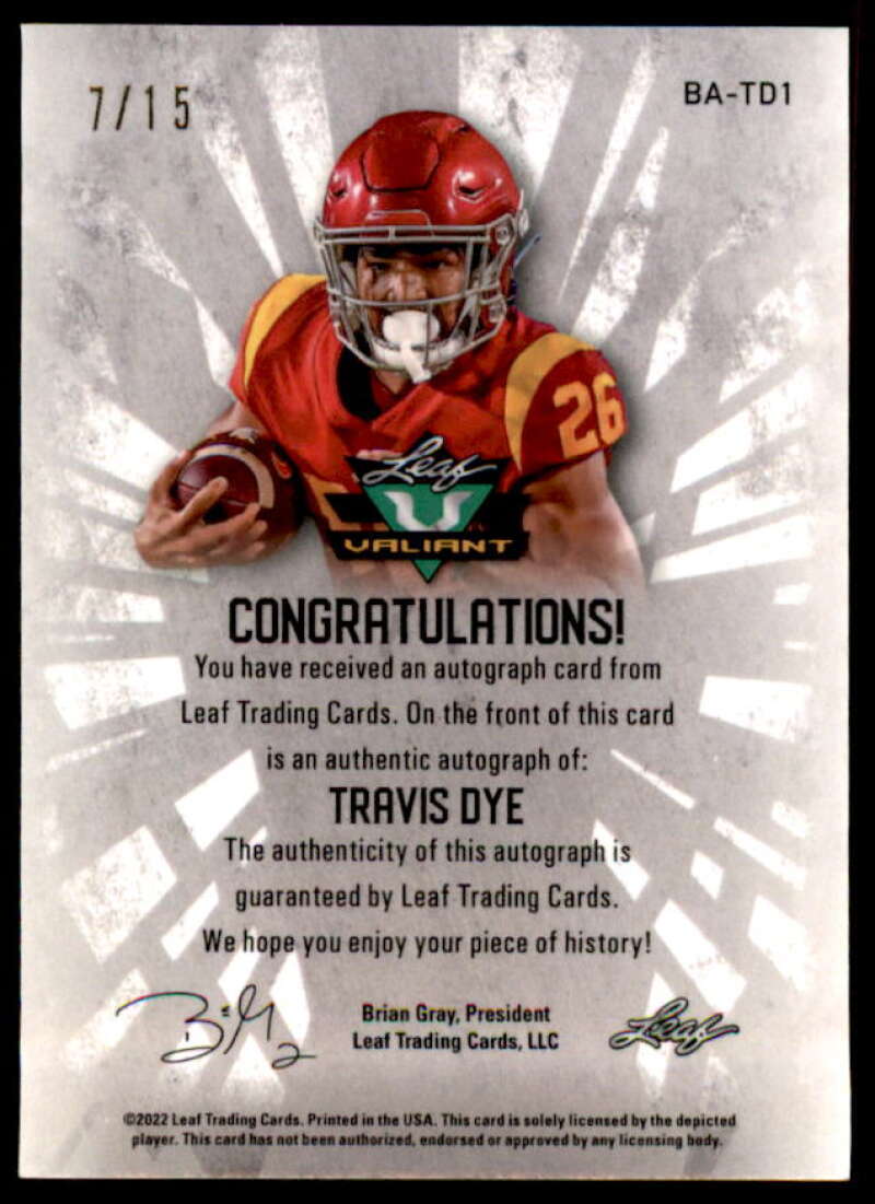 Travis Dye Rookie Card 2022 Leaf Valiant Crystal Navy Blue #BATD1  Image 2