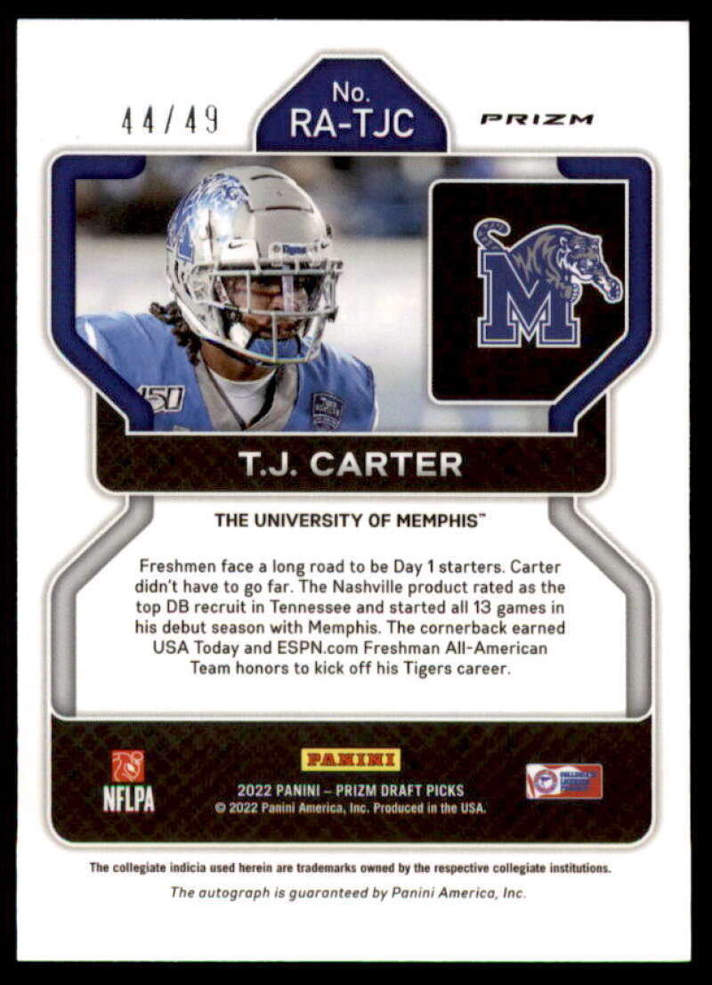 T.J. Carter Rookie 2022 Panini Prizm Draft Picks Autographs Orange Pulsar #164  Image 2