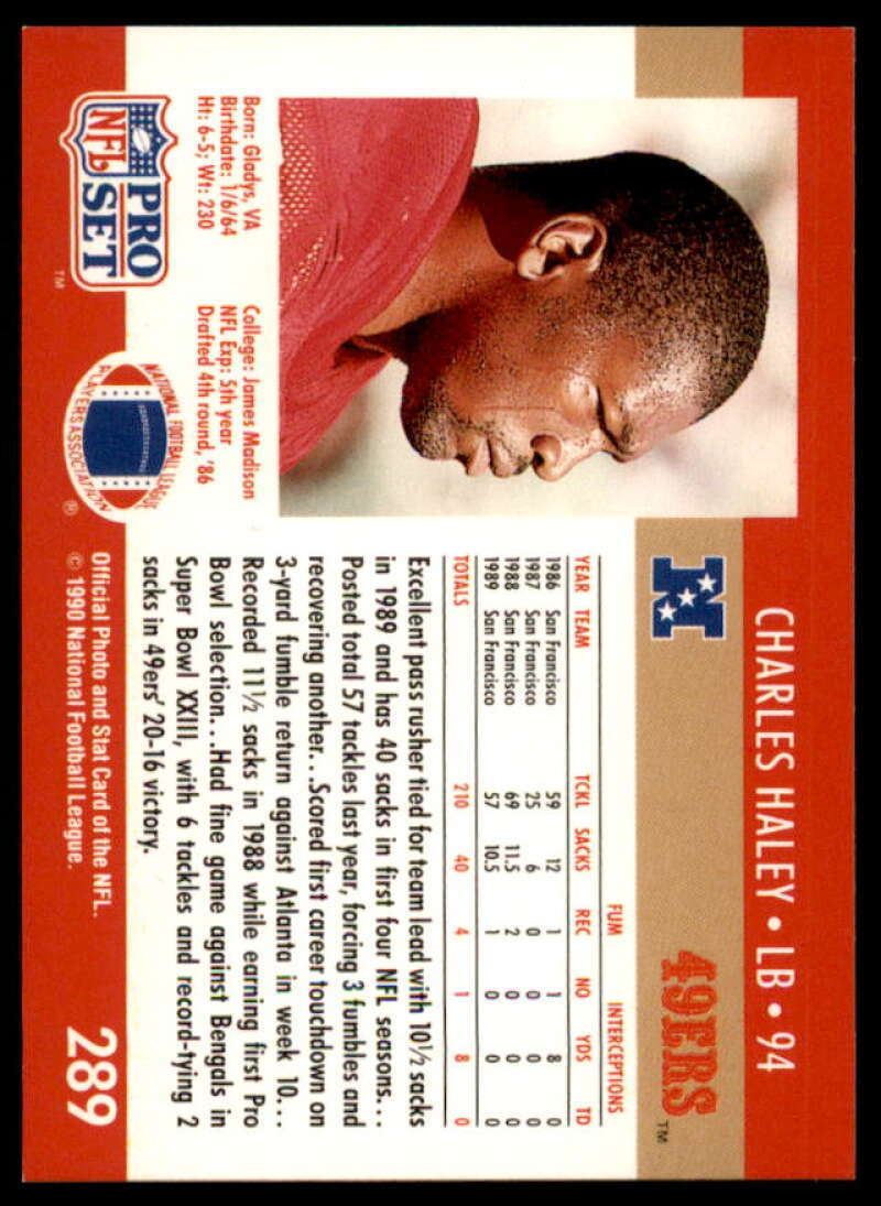 Charles Haley ERR/(Fumble recoveries 1/in '86 and 4 total) 1990 Pro Set #289A  Image 2