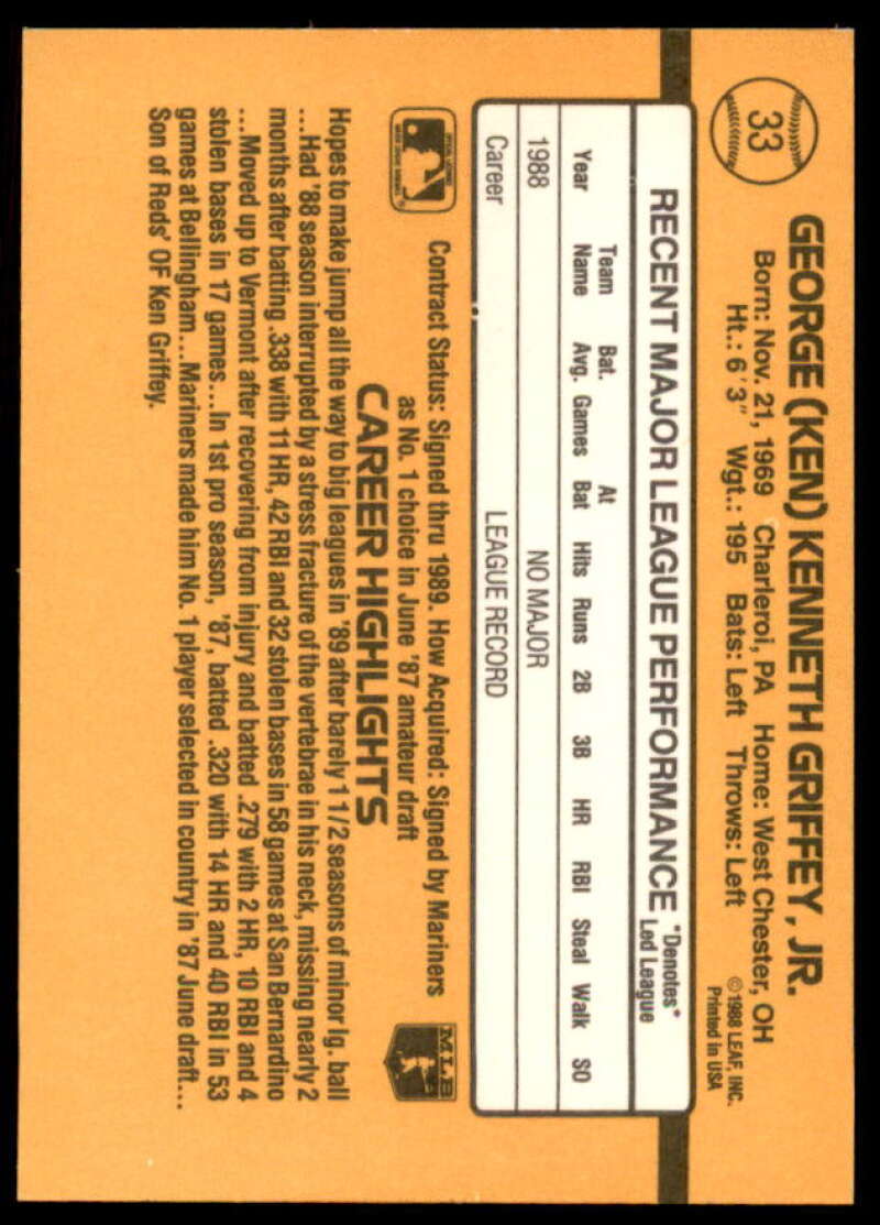 Ken Griffey Jr. RR Rookie Card 1989 Donruss #33  Image 2