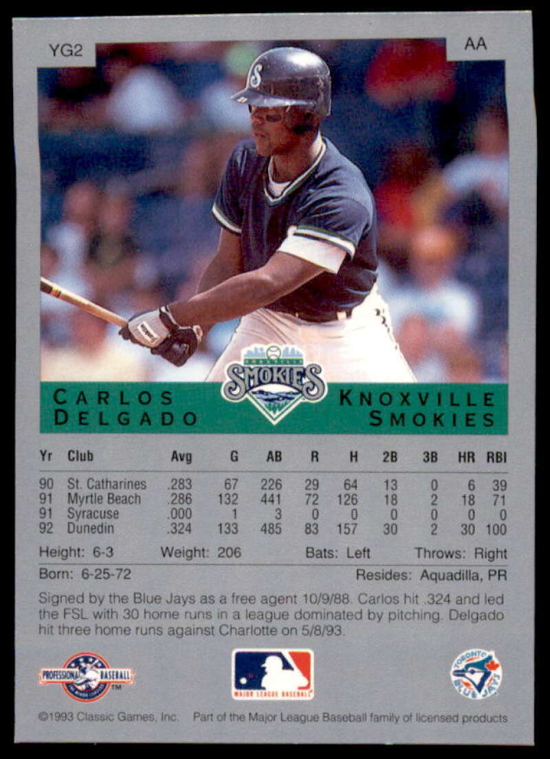 Carlos Delgado Rookie Card 1993 Classic/Best Young Guns #YG2  Image 2