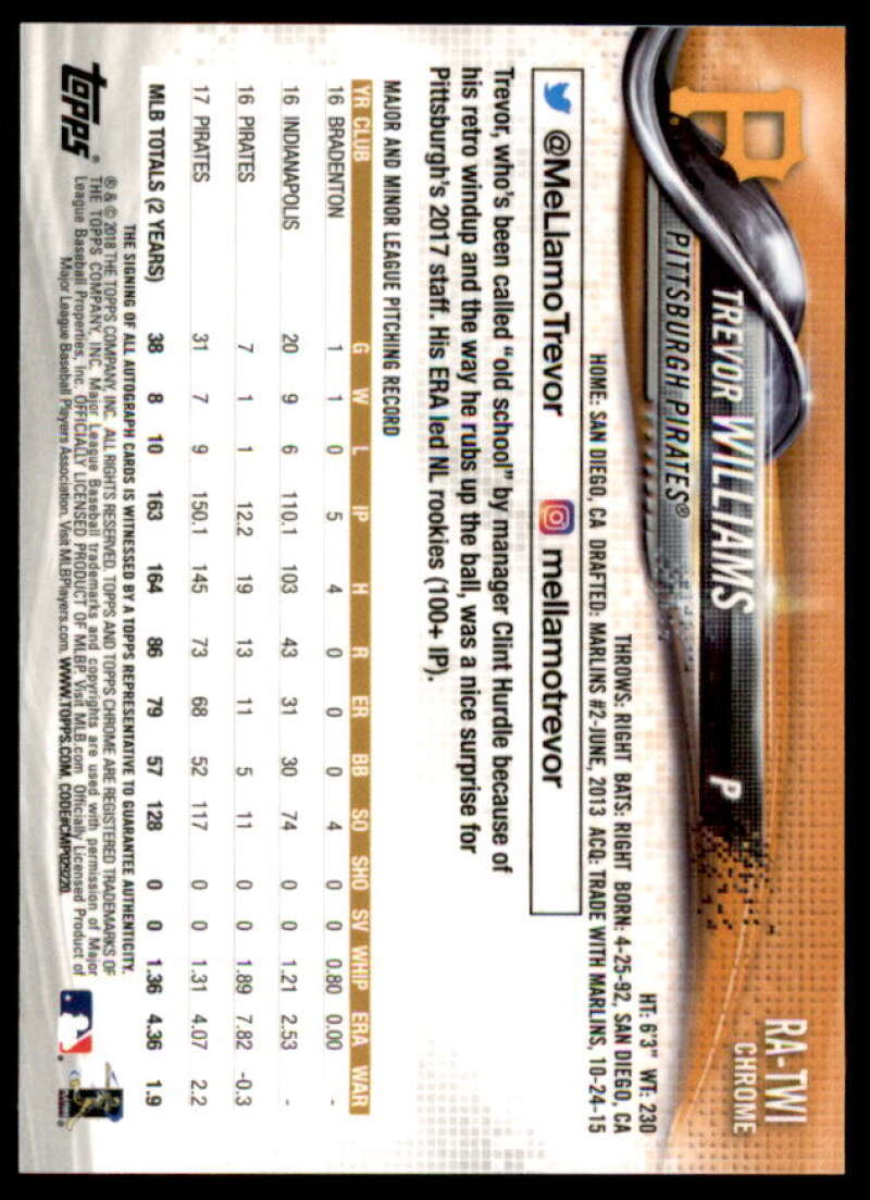 Trevor Williams Rookie Card 2018 Topps Chrome Rookie Autographs #RATWI  Image 2