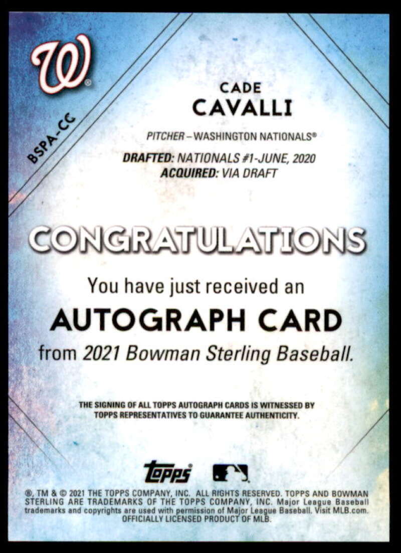 Cade Cavalli Rookie Card 2021 Bowman Sterling Prospect Autographs #BSPACC  Image 2