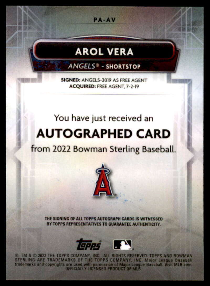 Arol Vera Rookie Card 2022 Bowman Sterling Prospect Autographs #PAAV  Image 2