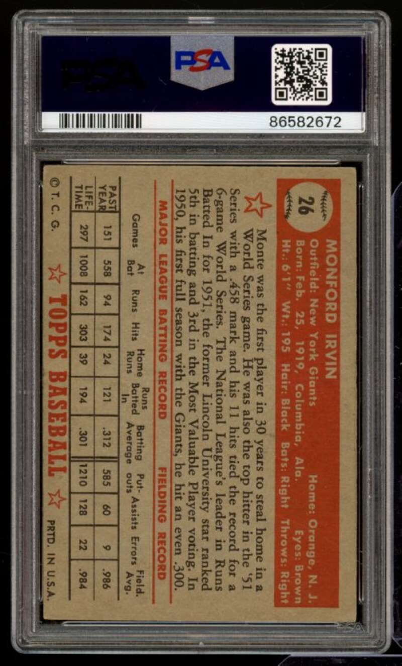 Monte Irvin Card 1952 Topps #26 PSA 3 Image 2