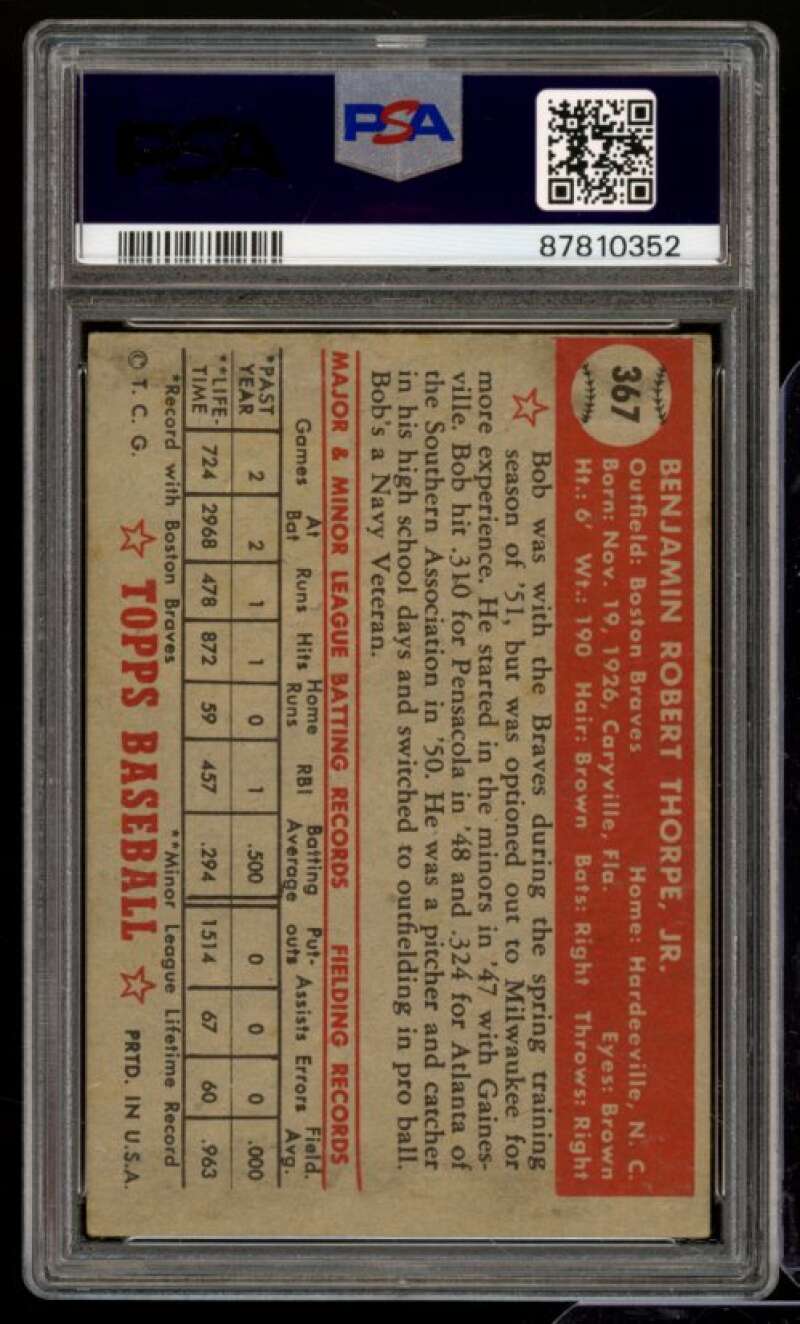 Bob Thorpe Rookie Card 1952 Topps #367 PSA 3 Image 2