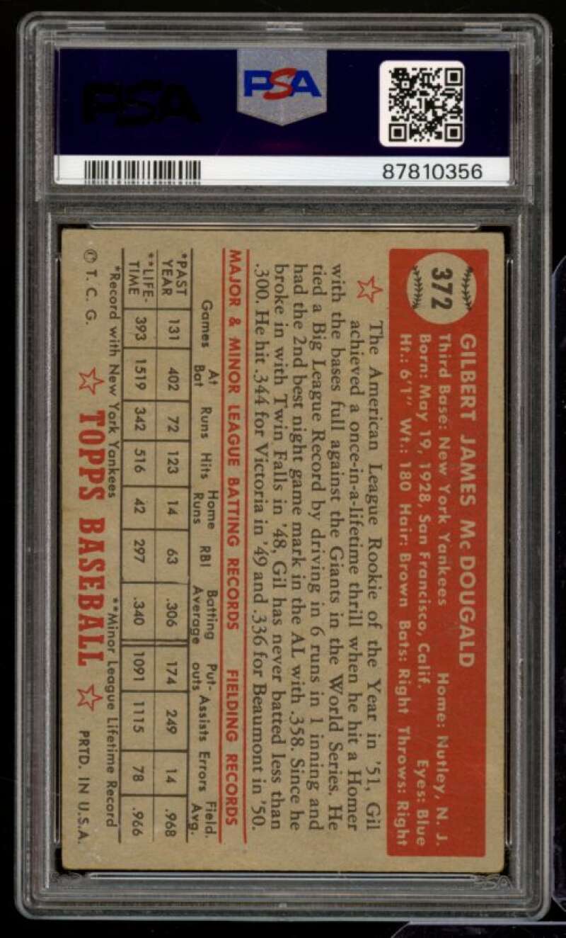 Gil Mcdougald Rookie Card 1952 Topps #372 PSA 3 Image 2