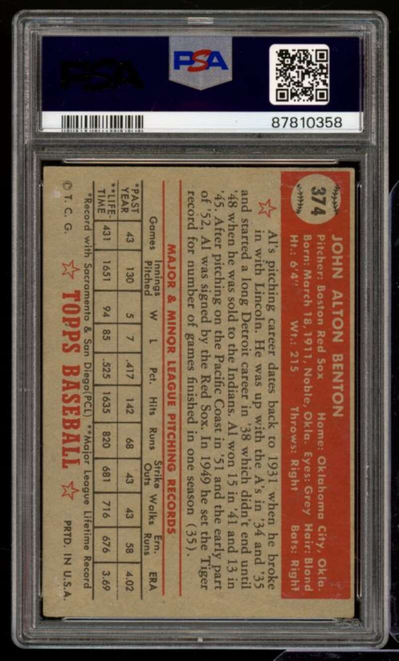 Al Benton Rookie Card 1952 Topps #374 PSA 3 Image 2