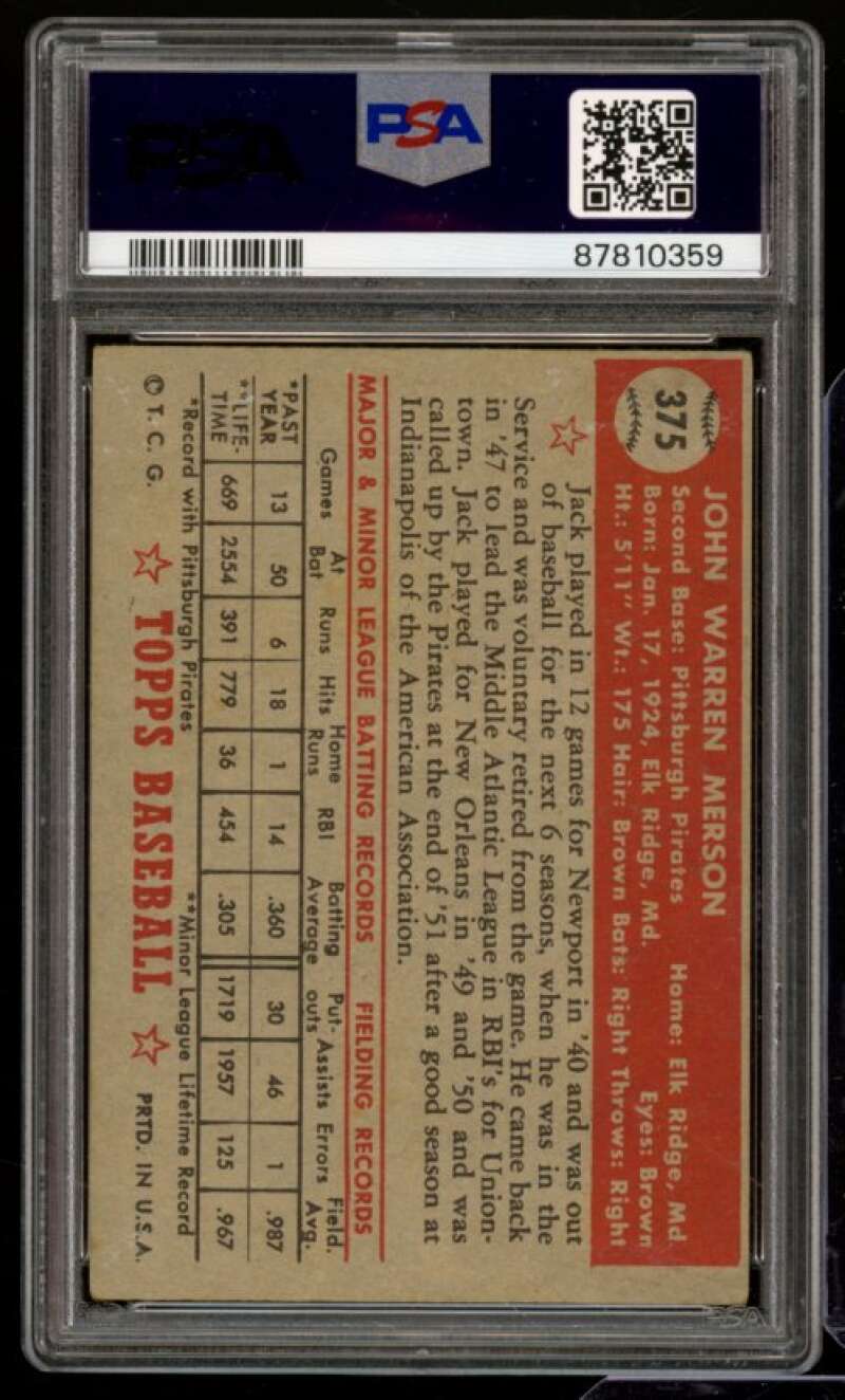 Jack Merson Rookie Card 1952 Topps #375 PSA 3 Image 2