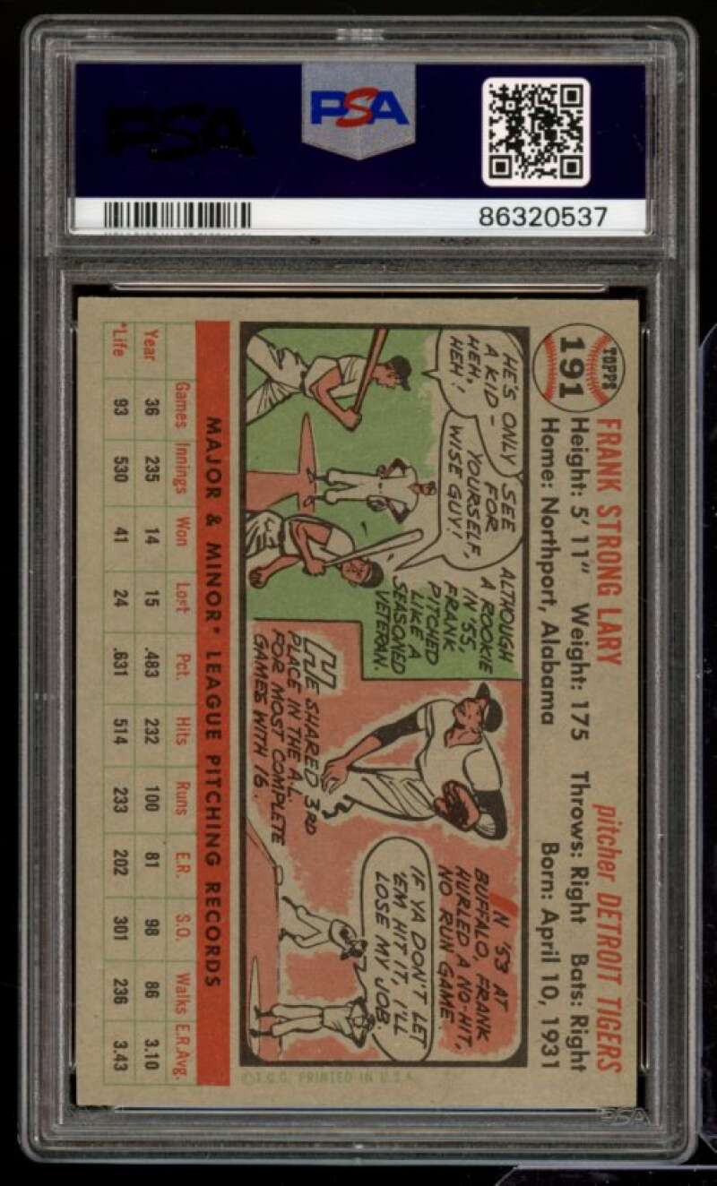 Frank Lary Card 1956 Topps #191 PSA 4 Image 2