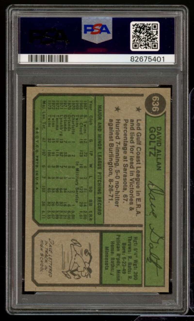 Dave Goltz Card 1974 Topps #636 PSA 8 Image 2