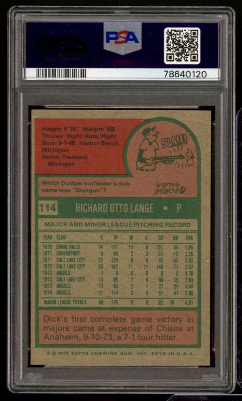 Dick Lange Card 1975 Topps #114 PSA 8 Image 2