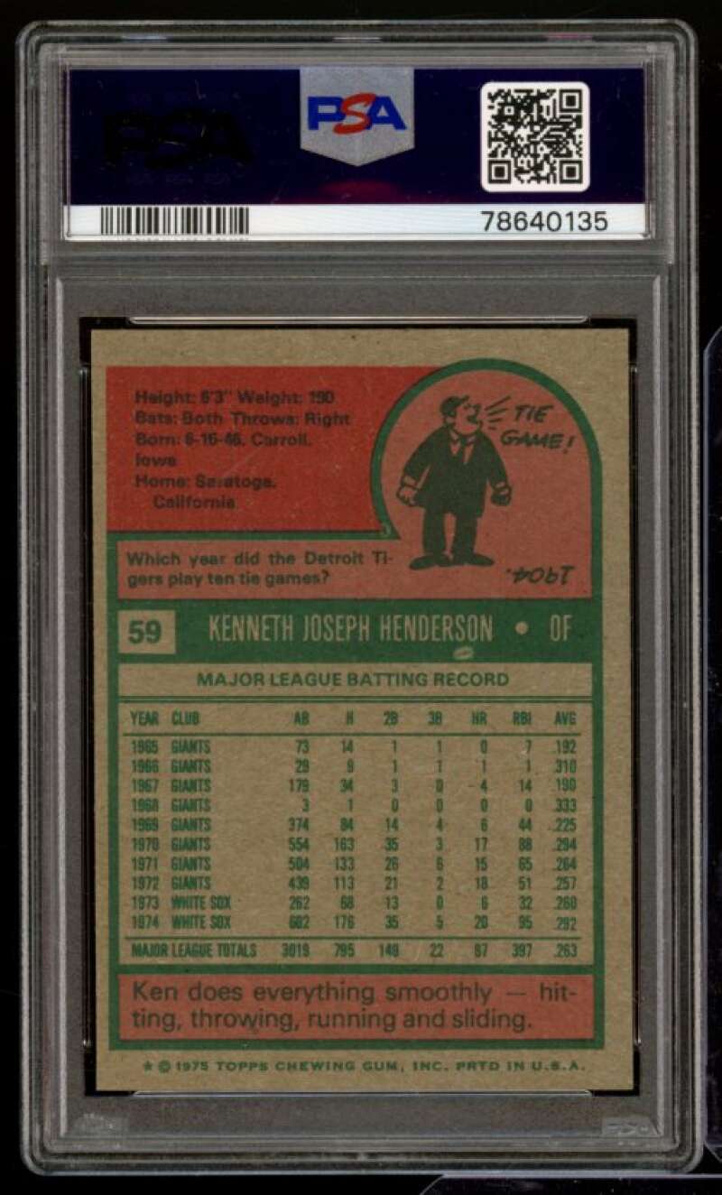 Ken Henderson Card 1975 Topps #59 PSA 8 Image 2