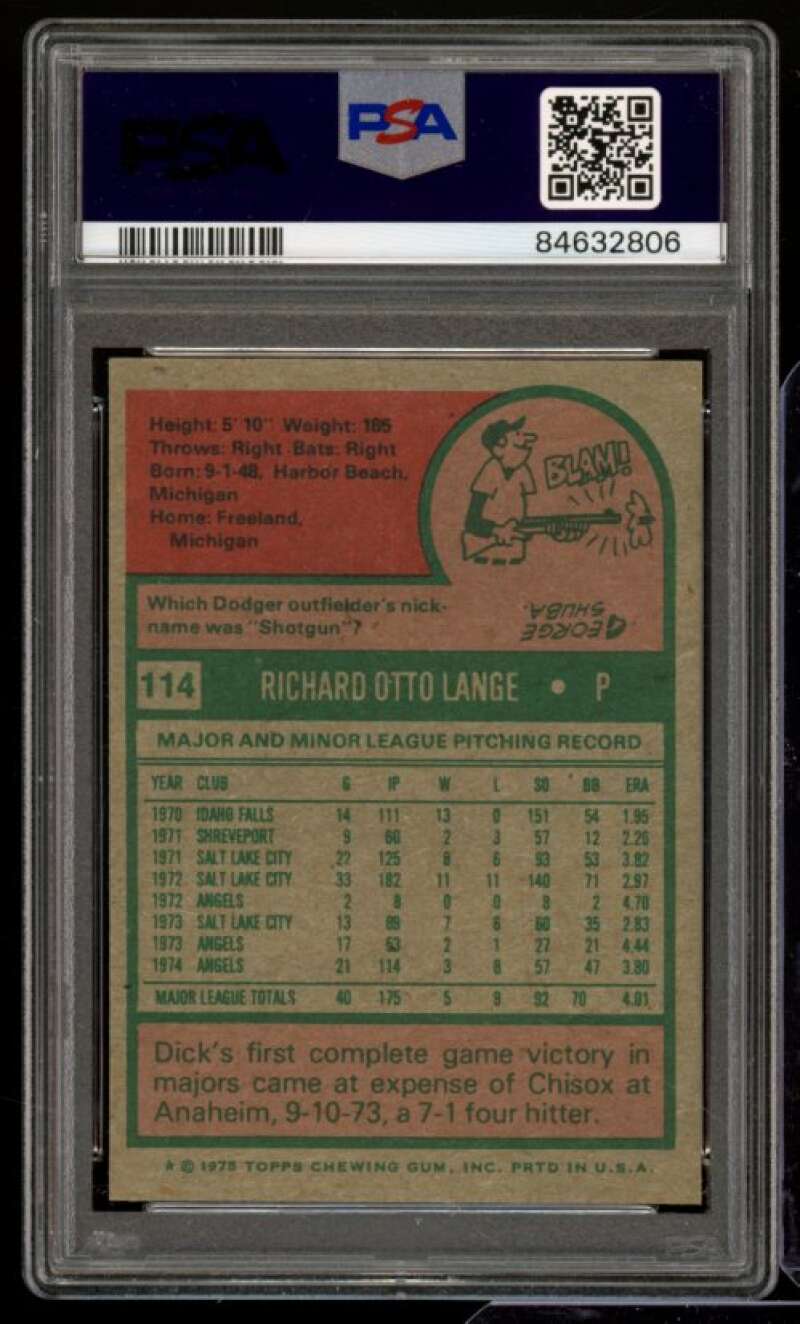 Dick Lange Card 1975 Topps #114 PSA 8 Image 2