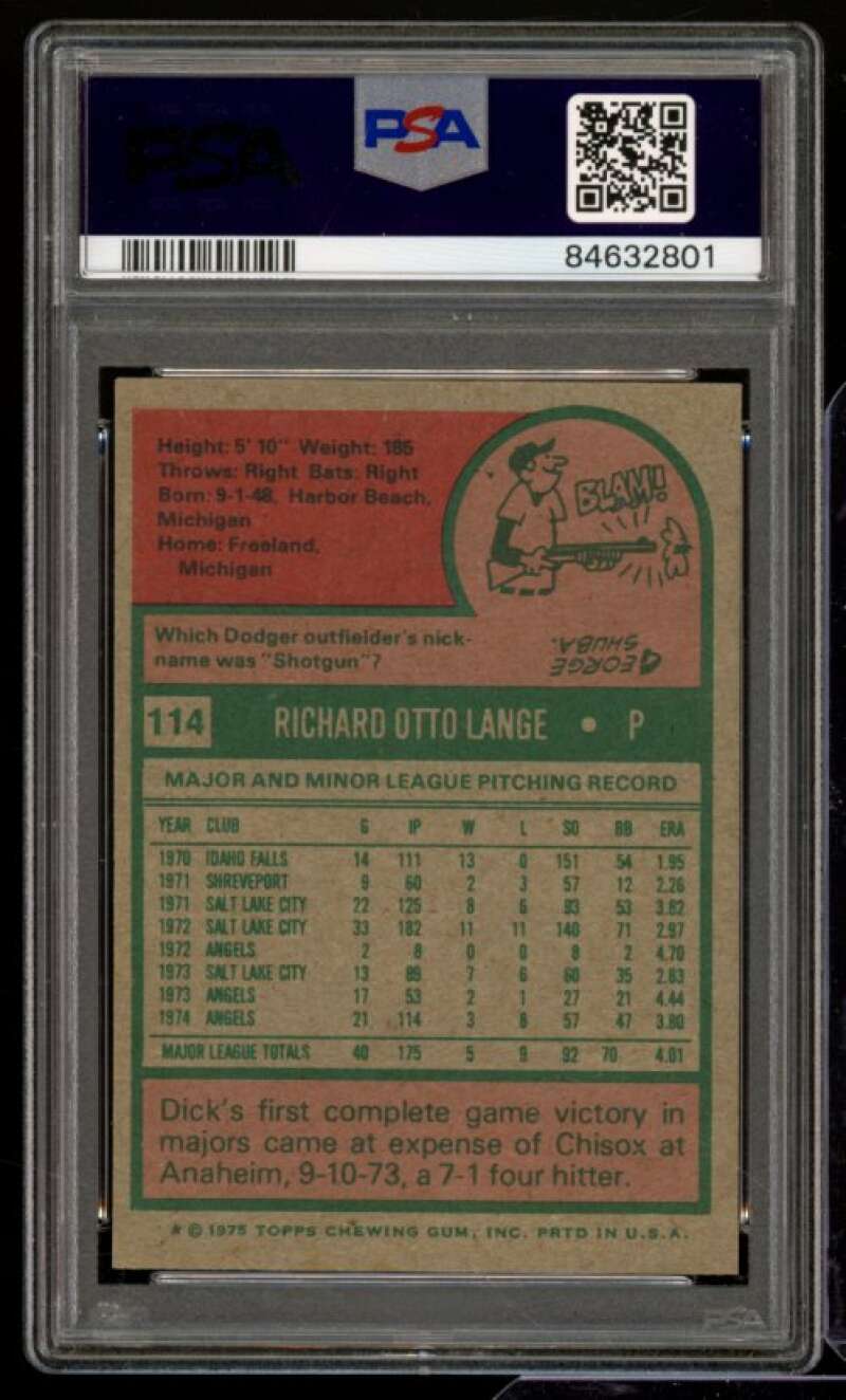 Dick Lange Card 1975 Topps #114 PSA 8 Image 2